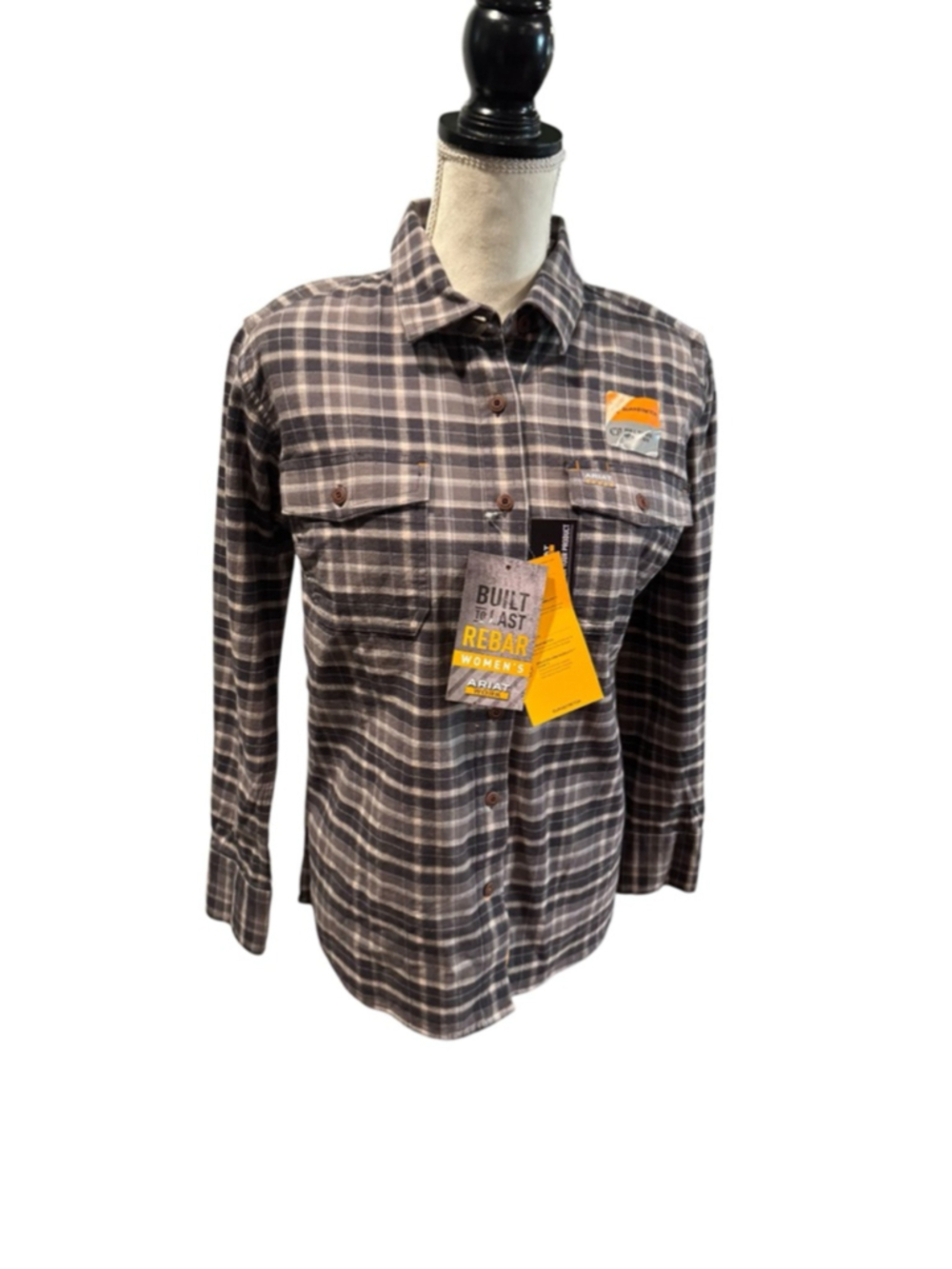Women's Ariat Gray Beige Plaid Button Down Shirt m - Picture 2 of 4